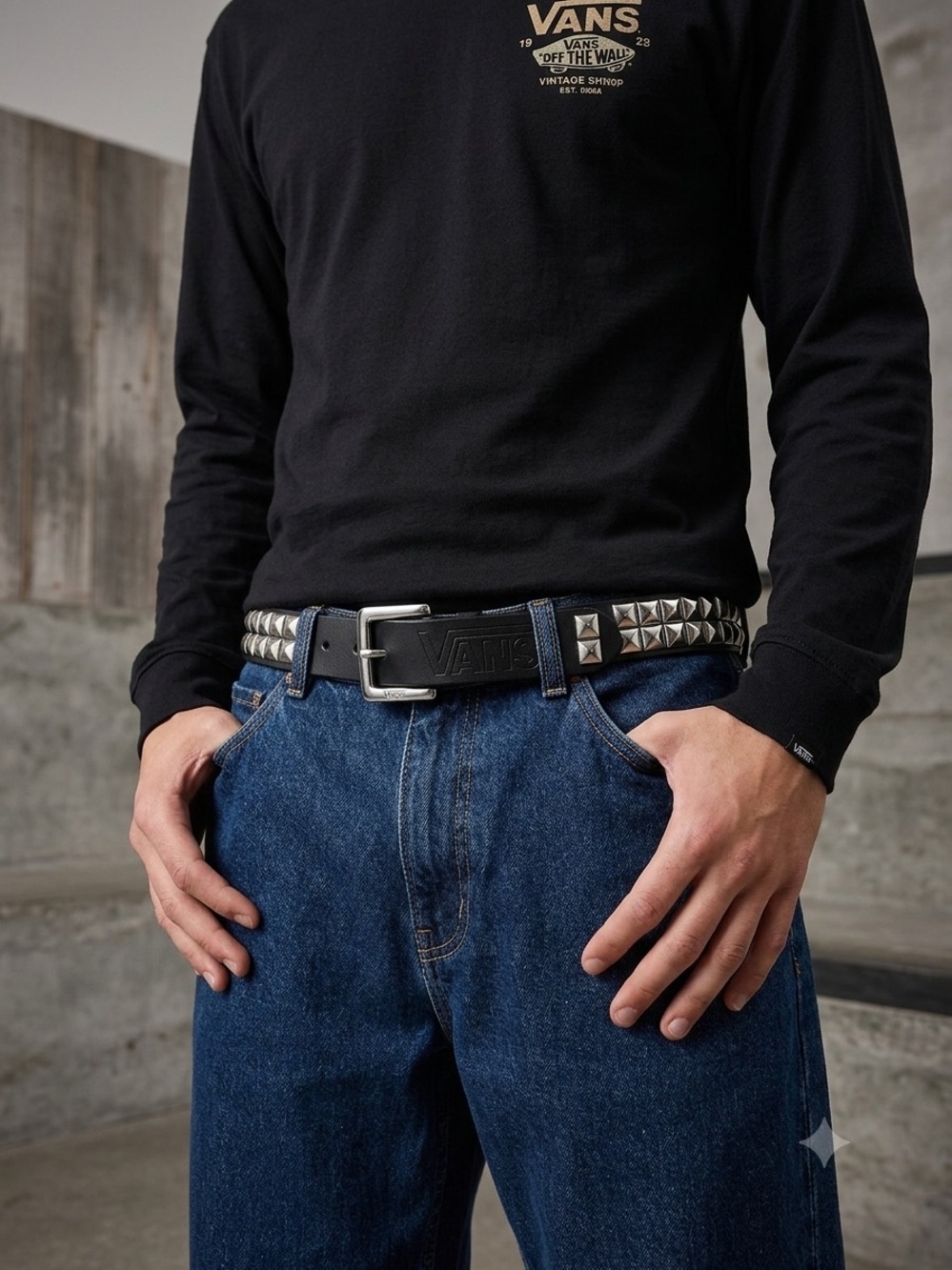 ⁠Vans Off The Wall Studded Leather Belt Metal Pyramid Studs Black Gothic⁠ L